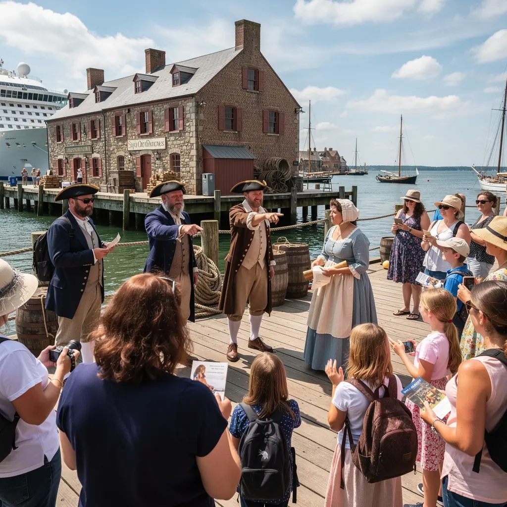 Исторический порт с красивыми зданиями и туристами на набережной.