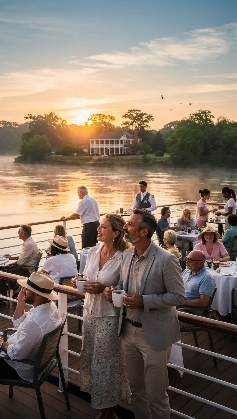 Корабль, плывущий по живописной реке с зелеными берегами.