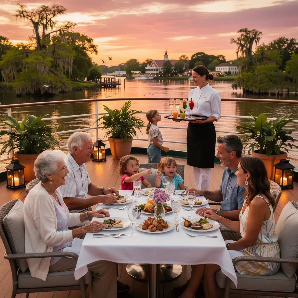 Корабль, плавающий по живописной реке с зелеными берегами.