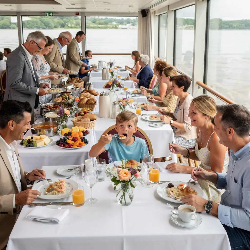 Корабль, плывущий по живописной реке, окруженной зелеными холмами.