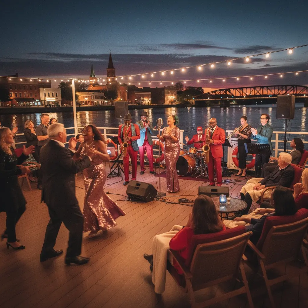 Панорамный вид на реку с туристами, наслаждающимися солнечным днем.