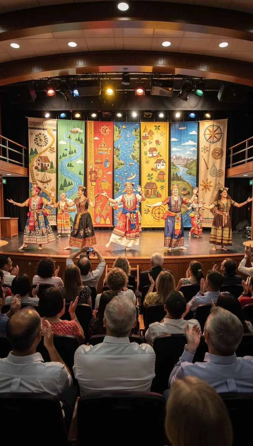 Панорама реки с круизным кораблем, плывущим мимо живописных берегов.